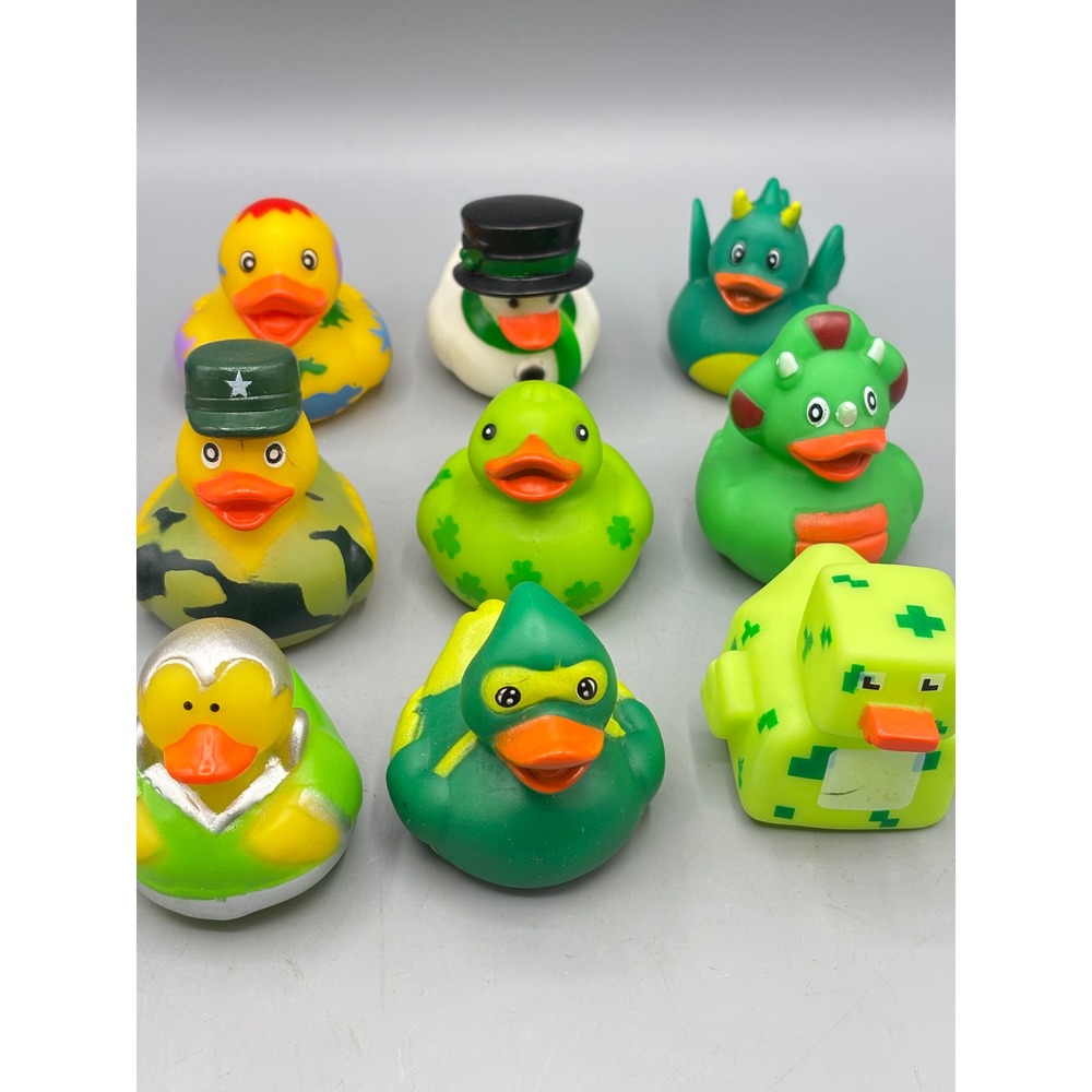 Lot of 9 Novelty Rubber Ducks Military Shamrock Snowman Dinosaur Pixel Art 2in